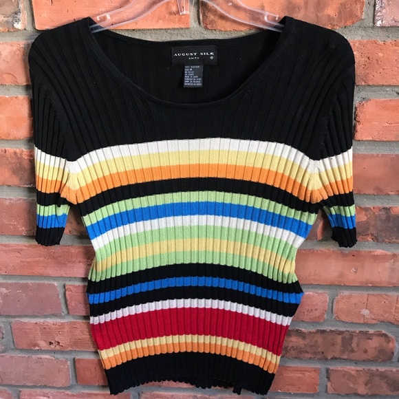 August Silk Ribbed 100% Silk Knit Sweater Top Stretch Crew Stripes Rainbow Black - Picture 1 of 11